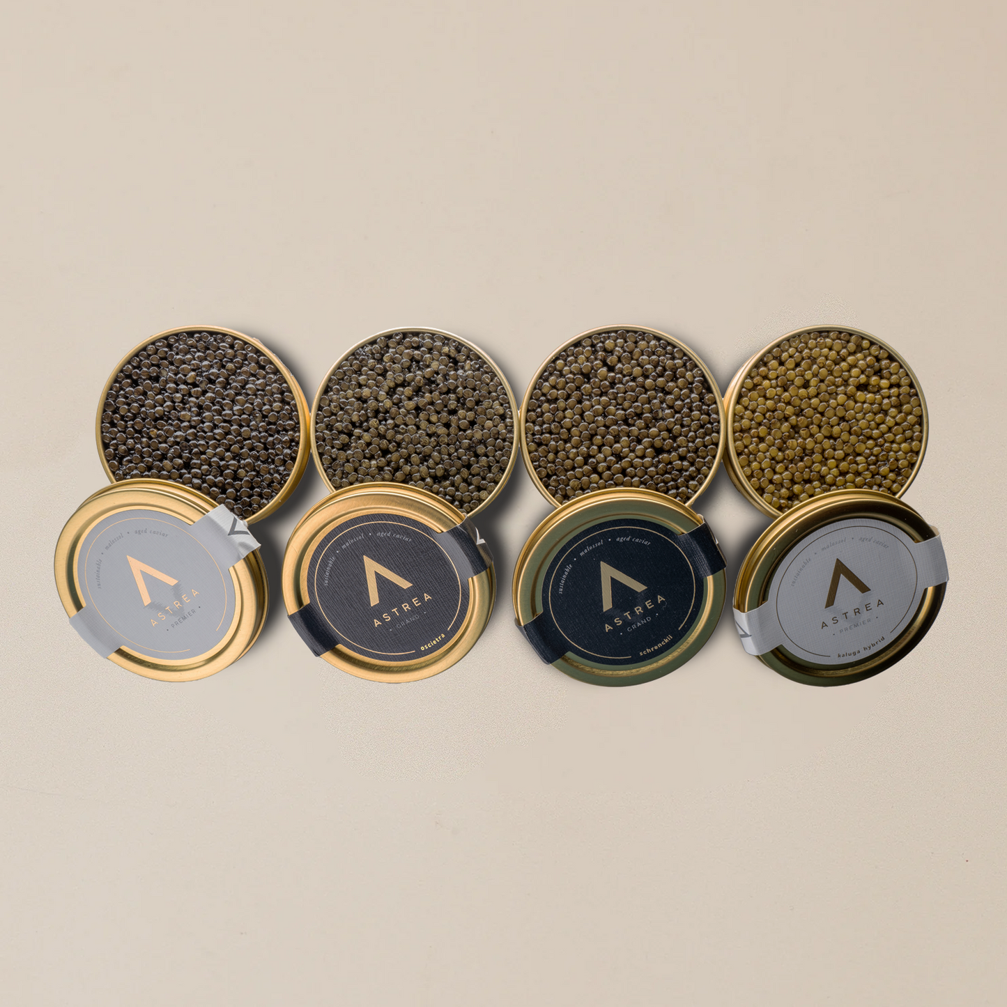 four cans of astrea caviar are opened and lined up in a row