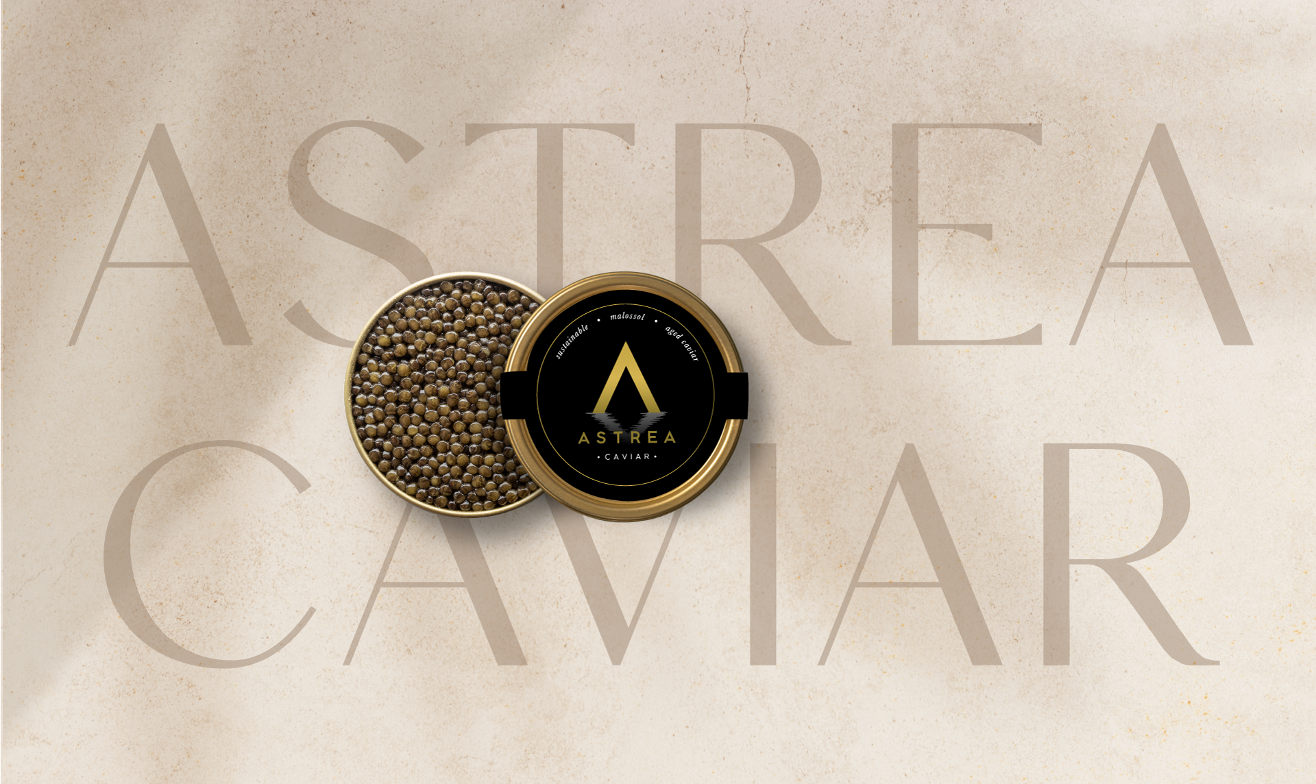 a can of astrea caviar is displayed on a beige background