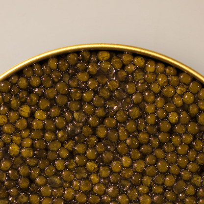 a close up of a bowl of caviar pearls with a gold outline and white background