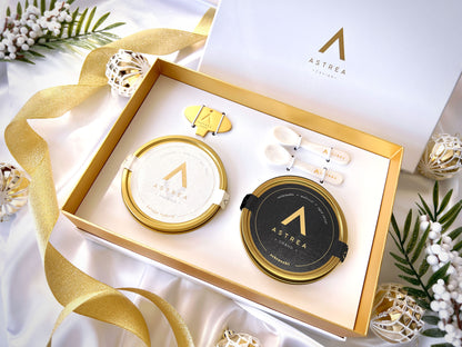 two cans of astrea caviar in a gift box